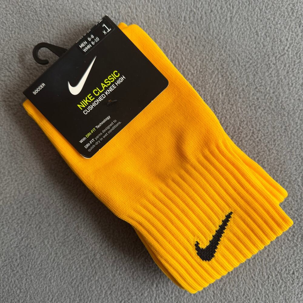 Nike Classic Cushioned Knee High Soccer Sock Dri FIt Gold M 6-8 / W 6-10 Swoosh